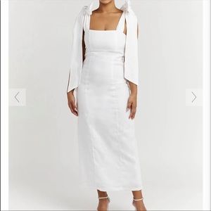 DISSH AISLE WHITE LINEN BOW MIDI DRESS
